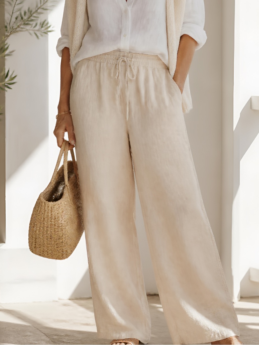 L.L.Bean 100% Linen Pull-On Pants Women’s 12 Natural Oatmeal Drawstring